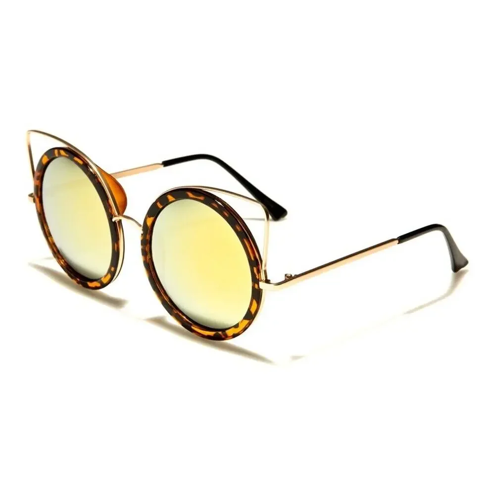 Classic Stylish Elegant Womens Mirrored Lens Tortoise Round Cat Eye Sunglasses